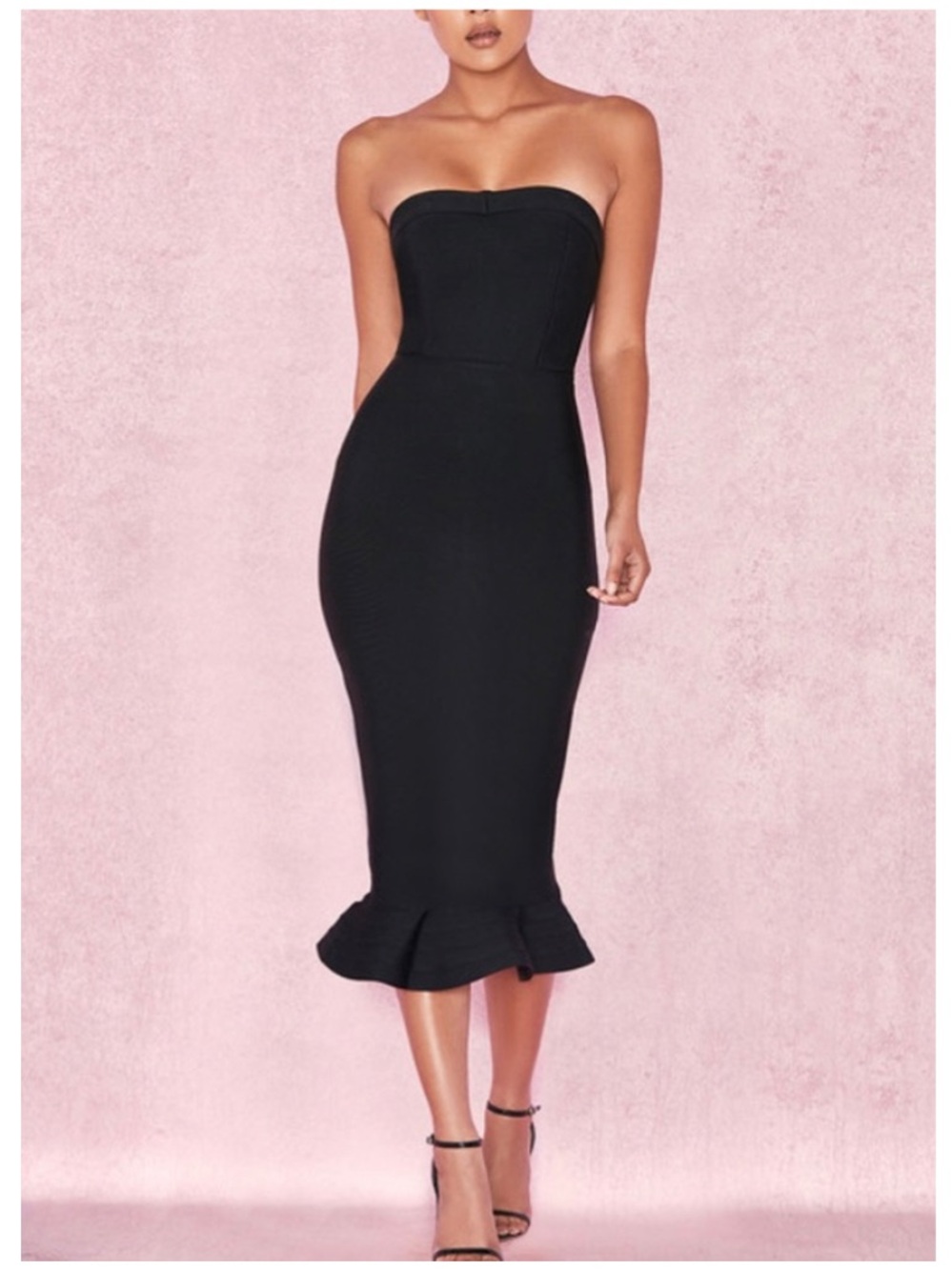 House of CB Fabrizia Black Bandage Strapless Fluted-Hem Midi Dress Size Small